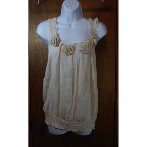 Millenium‎ Women Cream Floral Rosette Smocked Hem Sleeveless Blouse Top Large